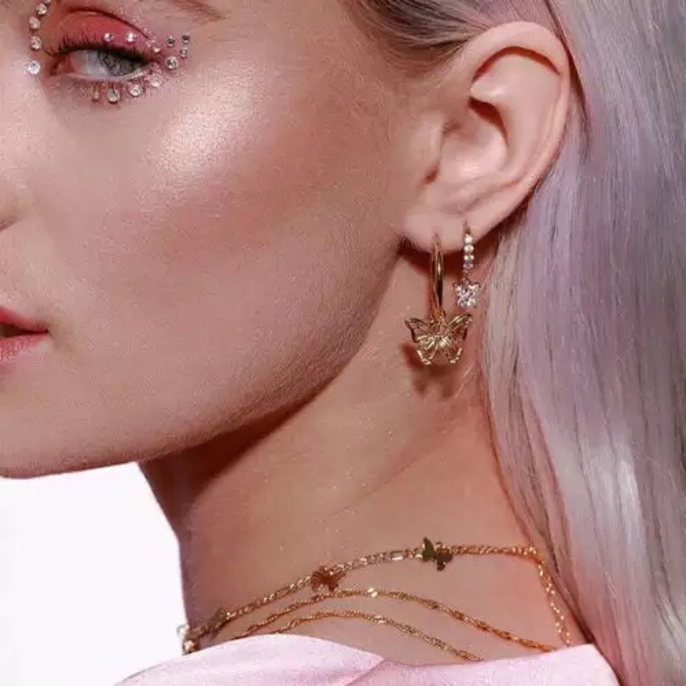 A162 14K ROSE GOLD PLATED BUTTERFLY DROP HOOP EARRINGS - Picture 3 of 6